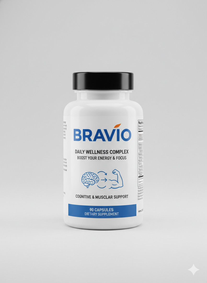 Bravio food supplement bottle with legible packaging on a neutral studio background